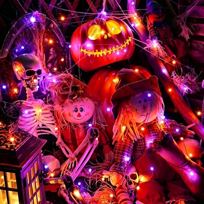 QITONG Orange and Purple Fairy Lights Battery Operated, 4 Pack Each 16ft 50 LED Halloween Lights Outdoor Waterproof, Silver Wire Christmas Twinkle Mini String Lights Indoor