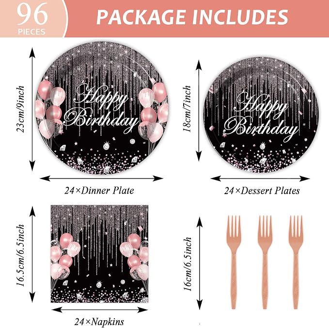 Chiazllta 96 Pcs Black & Rose Gold Party Paper Plate and Napkins - Pink Rose Gold Birthday Party Table Decoration Supplies - Pink Glitter Paper Plate Napkin Fork for 24 Guests