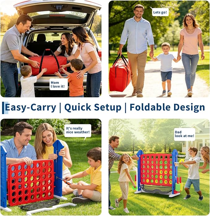 Giant 4-in-a-Row Game Set, Whale Design 4-in-1 with Basketball Hoop, Golf, Ring Toss, 42 Jumbo Rings, Adjustable Height, Quick-Release Catch Net - Outdoor Play for Kids & Adults