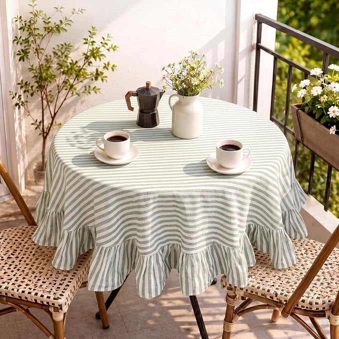 Boao Cotton 54 Inch Farmhouse Ruffle Tablecloth Sage Green White Striped Flounces Trim Table Cover for Round Table Kitchen Party Wedding Decor