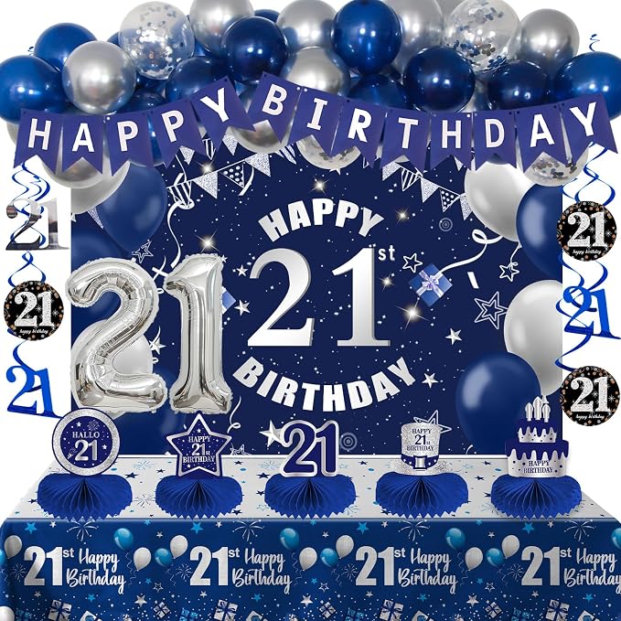 Happy 21st Birthday Decorations for Him Her, Dark Blue Silver 21 Birthday Party Supplies with Backdrop Banner 32 In Foil Number 21 Balloons Honeycomb Centerpieces for 21 Years Old Birthday Decor