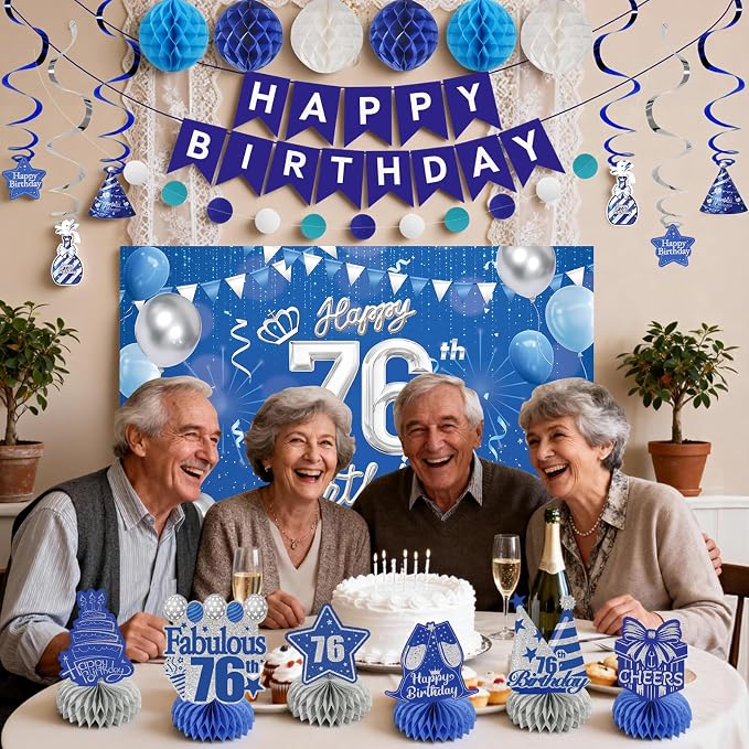 Happy Birthday Party Decoration Set: Including Birthday Banner Backdrop, Party Table Centerpieces and Hanging Swirl Party Streamers, Birthday Decor Suppliers for Men and Women (Blue, 76th Birthday)