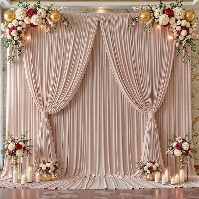 10ftx12ft Wrinkle Free Nude Backdrop Curtain, 4 Panels 12FT Long Wedding Photo Backdrop Drapes, Silky Polyester Back Drop Cloth for Birthday Photography Background Party Backdrop Draping