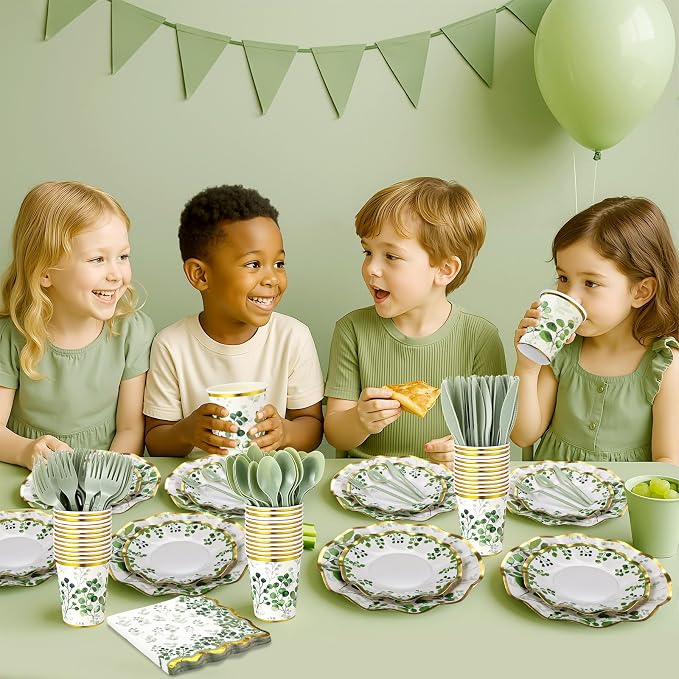 Ziliny 350 Pcs Sage Green Party Supplies Tableware Set Disposable 9'' 7'' Paper Plates 9 oz Cups Cutlery Napkins Dinnerware Set for Wedding, Bridal Birthday Serve 50 (Sage, Green, Gold)
