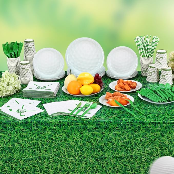 Potchen 452 Pcs Party Supplies Serve 50 Guests, Paper Plates Napkins Cups Cutlery Plastic Tablecloth Dinnerware for Birthday Wedding Party Decoration (Green and White, Golf)
