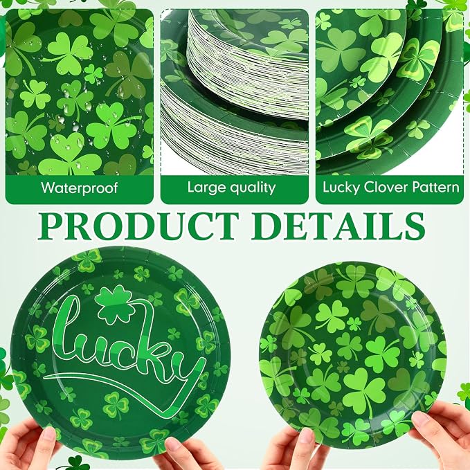 Funnymoom 200Pcs St Patrick's Day Party Supplies Kit Lucky Clover Disposable Paper Dinner Plates Dessert Plates Shamrock Luncheon Napkins and Beverage Napkins for Irish Decorations Supplies 50 Guests