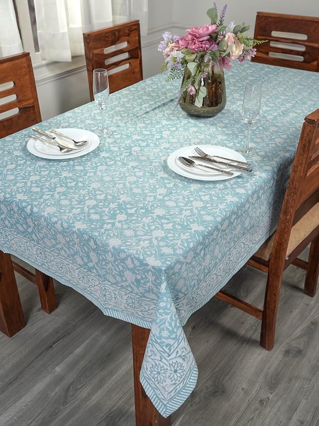 Ridhi Teal Gray Hand Block Print Cotton Rectangle Tablecloth 190" x 72" inches Reusable Table Cover Decorative Everyday Use for Dining Room, Farmhouse, Home Gift for Spring, Mother's Day