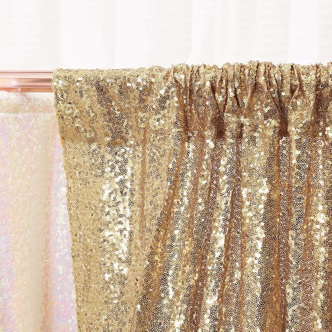 PartyDelight Light Gold Sequin Backdrop 6x6ft 4 Inch Rod Pocket | Dense 3mm sequins on mesh backing with 4 inch rod pocket for full body photos ceremony arches party walls and stage displays