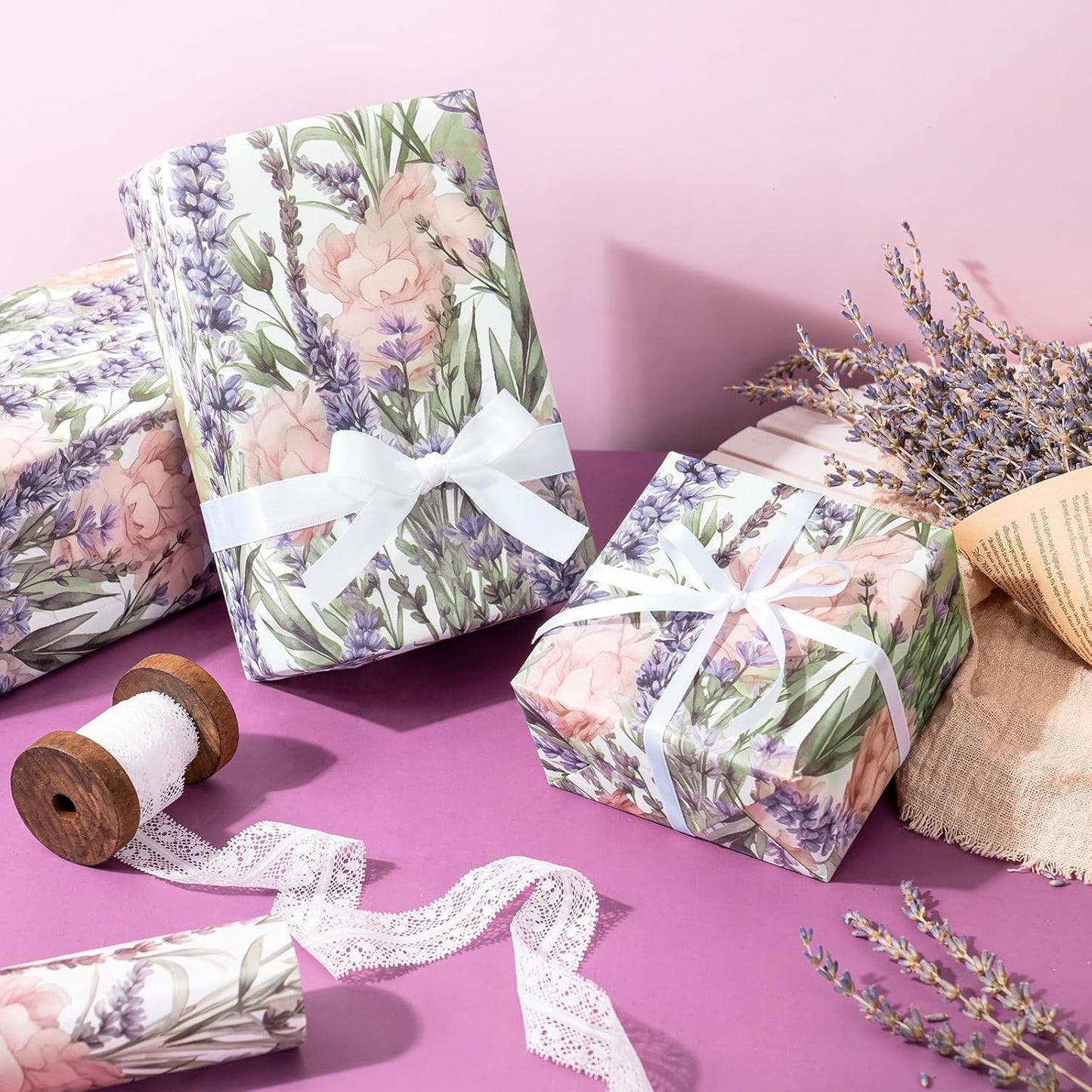 WRAPAHOLIC Floral Wrapping Paper Roll - Mini Roll - 17 Inch x 33 Feet - Lavender Flower Wrapping Paper, Perfect for Girls Women Birthday, Wedding, Bridal Shower