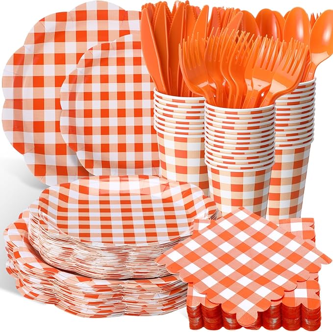 Funnymoom 400 Pcs Gingham Party Supplies for 50 Guests Orange and White Paper Plates and Napkins Knives Spoon Fork Cup Disposable Checkered Dinner Party Set Cutlery for Baby Shower Wedding Favor