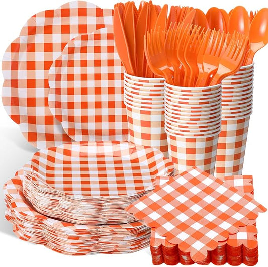 Funnymoom 400 Pcs Gingham Party Supplies for 50 Guests Orange and White Paper Plates and Napkins Knives Spoon Fork Cup Disposable Checkered Dinner Party Set Cutlery for Baby Shower Wedding Favor