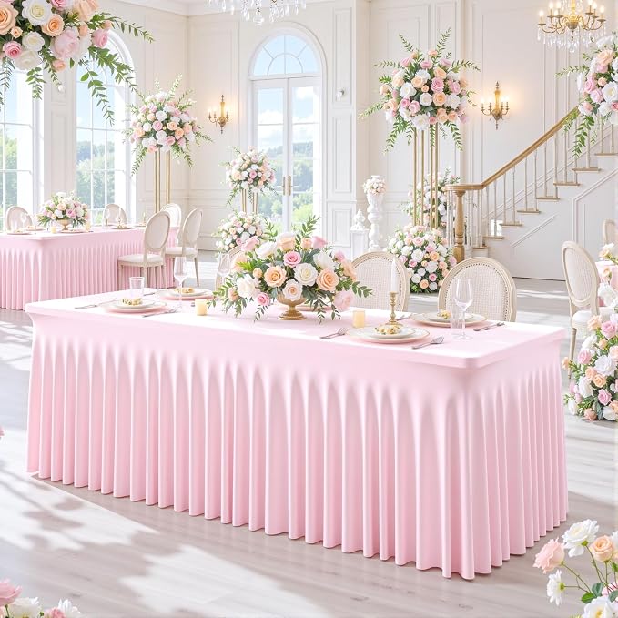 gogoparti 2 Pack Spandex Pink Fitted Table Cloth for 8ft Rectangle Tables Pink Stretch Tablecloth Table Covers Skirt Banquet Tablecloths Wrinkle Free Tablecloth for Parties Wedding