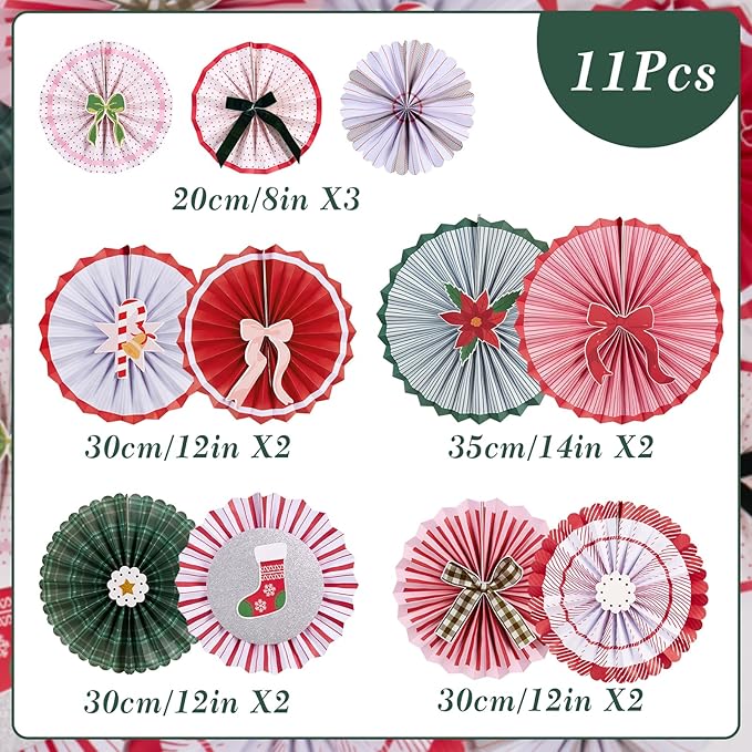 SUNBEAUTY Christmas Party Decorations Hanging Paper Fans Christmas Classroom Decorations Red Green White Paper Fans with Candy Bow for Xmas Holiday Ceilings Wall Decor Winter New Year Party Supplies
