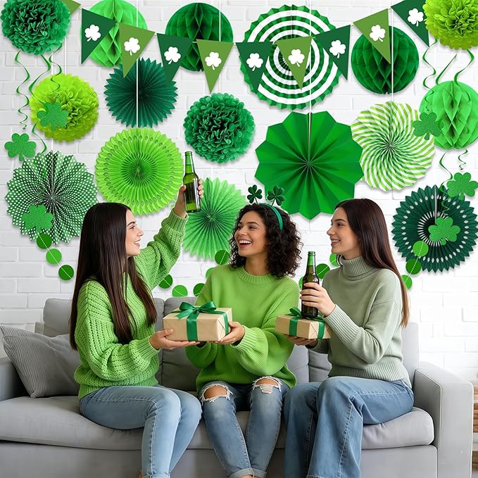24 Pcs Green Birthday Decorations Set - Hanging Paper Fans Pom Poms Honeycomb Balls Lucky Clover Banner, Party Supplies for Jungle Safari Woodland Baby Shower Spring Events
