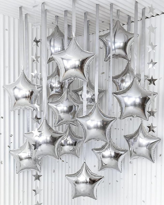 Duraaamo 30 Set Star Foil Balloons Bulk 22 Inch Metallic Star Balloons and Stars Banner and Satin Ribbon for Ceiling Birthday Graduation Ornaments Party Decor(Silver)