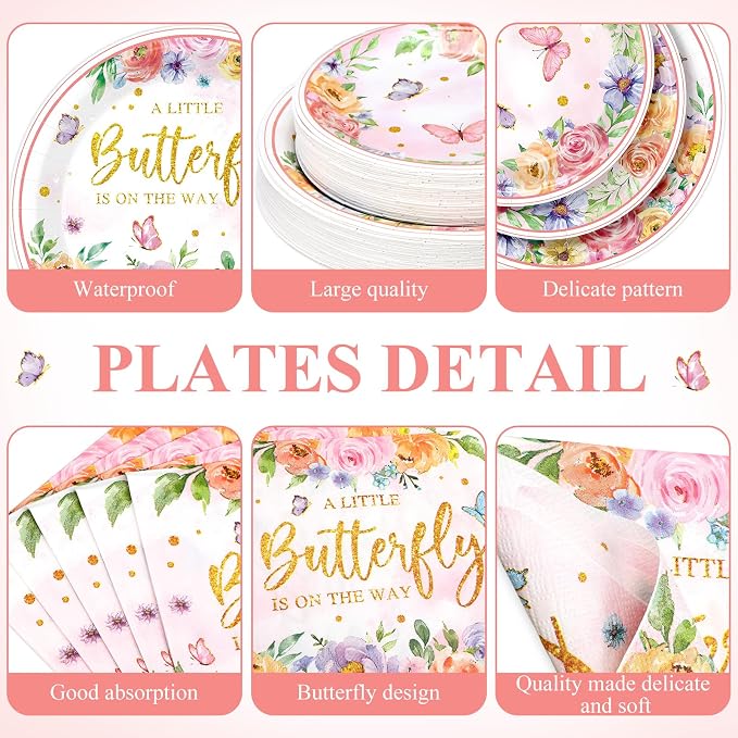 Funnymoom 452 Pcs Floral Butterfly Baby Shower Decorations, a Little Butterfly Is on the Way Paper Plates Napkins Cups Tablecloth Cutlery Straws for Summer Floral Baby Shower Party Supplies