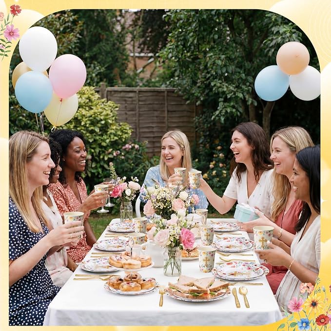 400 Pcs God Bless Flower Baptism Party Decoration Girl for 50, First Communion Confirmation Paper Plates Napkins Cups Cutlery Baptism Tableware for Christening Baby Shower Party Supply