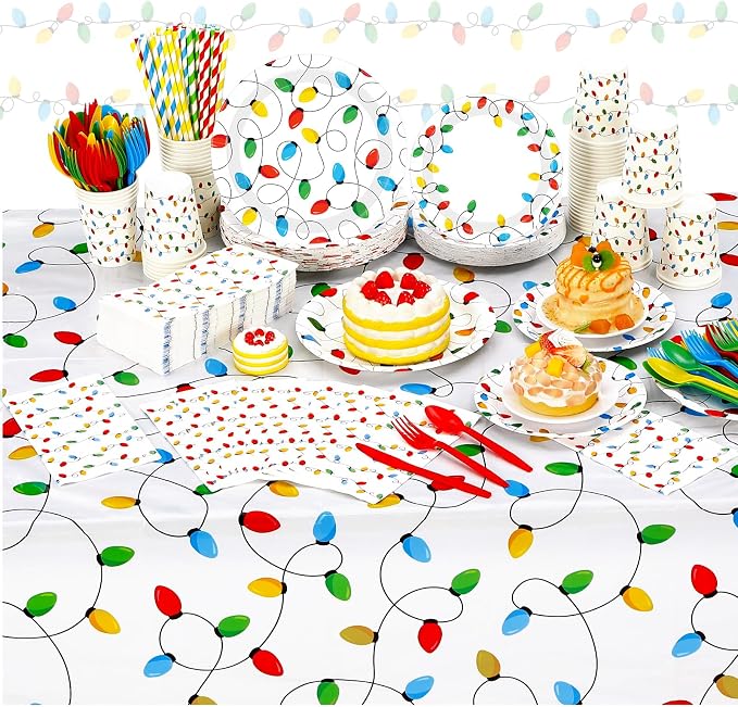 Funnymoom 452 Pcs Christmas Party Decorations for 50 Guests, Colorful Christmas Lights Paper Plates Napkins Cups Tablecloth Cutlery Straws Disposable Tableware Set for Xmas Holiday Party Supplies
