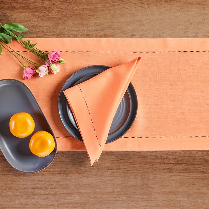 Solino Home Linen Coral Hemstitch Table Runner 60 Inches - 100% Pure Linen Small Table Runner 14 x 60 Inch Ideal for Dresser and Coffee Tables, Mothers Day, Spring, Summer - Classic Hemstitch