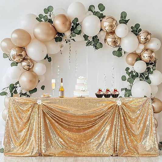 PartyDelight Sequin Tablecloth Light Gold 90"x156" Rectangle Shimmer Table Cloths Sparkle Glitter Wedding Banquet Decorations