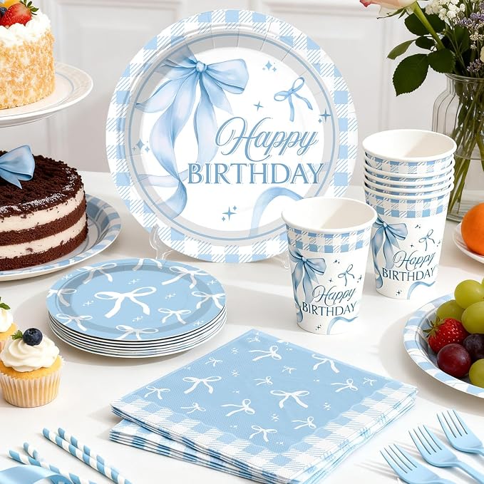 cocomigo 288 PCS Blue Bow Birthday Decorations, Hassle-Free One-Stop Set for 25 Guests, With Balloon, Backdrop, Fringe Curtains, Plates and Napkins, Easy Setup for Bow Themed Party