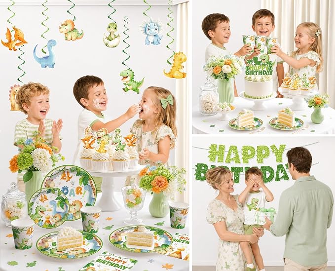 213 pcs Dinosaur Birthday Party Decorations Serve 25, All-in-One Dinosaur Party Decorations Includes Plates, Tablecloth, Cake Toppers, Cupcake Toppers