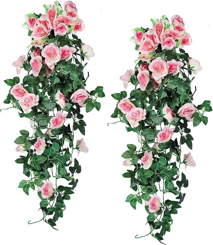 RECUTMS 4PCS Artificial Hanging Rose Flower Plants, 37Inch Light Pink Fake Silk Floral Ivy Garlands for Outdoors Home Room Garden Wedding Arch Bridal Shower Valentine's Mother's Day Indoor Party Decor