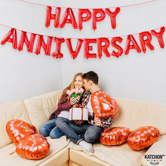 KatchOn, Red Happy Anniversary Balloons Letters - 16 Inch | Happy Anniversary Banner for Happy Anniversary Decorations | 000 Pcs Artificial Red Rose Petals - Silk