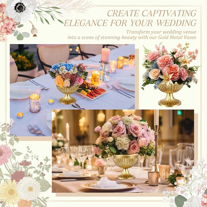 Ziliny 6 Pcs Gold Vases for Centerpieces 4.7" Wide 4" High Metal Compote Vases Bulk Wedding Table Centerpiece Flower Pot Vintage Floral Arrangements for Weddings Anniversaries Party Home Decor