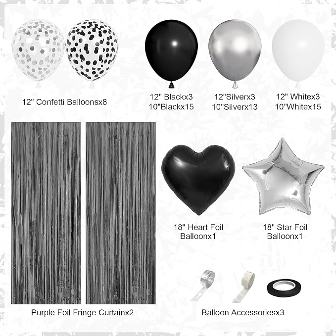Black and White Birthday Party Decorations, Black Metallic Silver Confetti Balloons Happy Birthday Banner Fringe Curtains Hanging Swirls Circle Dots Paper Tassels Pompoms for Men Boys Party Supplies