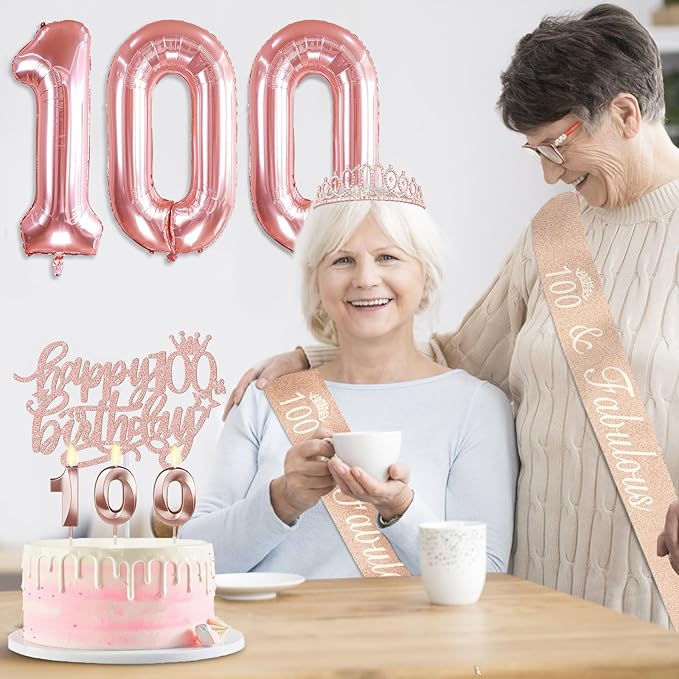 100th Birthday Decorations for Women, Include 100th Birthday Sash and Tiara, Cake Topper and Candles, Number Balloons, 100 Year Old Gifts Women