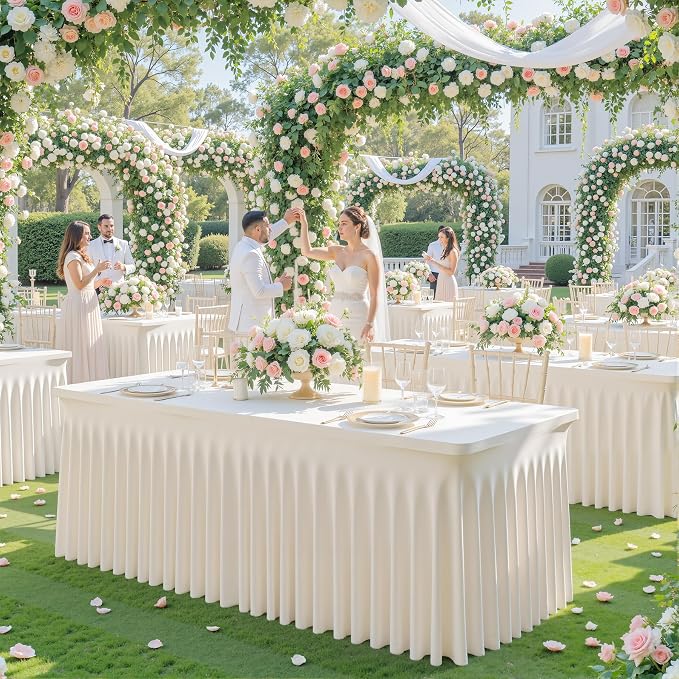 4 Pack Ivory Table Cloth for 8 Foot Rectangle Tables Spandex Fitted Tablecloth 8ft Stretch Table Covers Skirt Ivory Banquet Tablecloths Wrinkle Free Tablecloth for Party Wedding Birthday Event