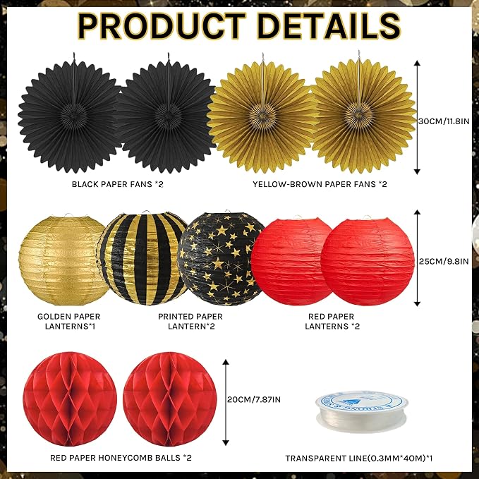 Red, Black & Gold Party Decorations for Birthday, Retirement, Graduation, Casino Night, Red Carpet, Hollywood Theme - Hanging Paper Lanterns, Fans & Streamers Set