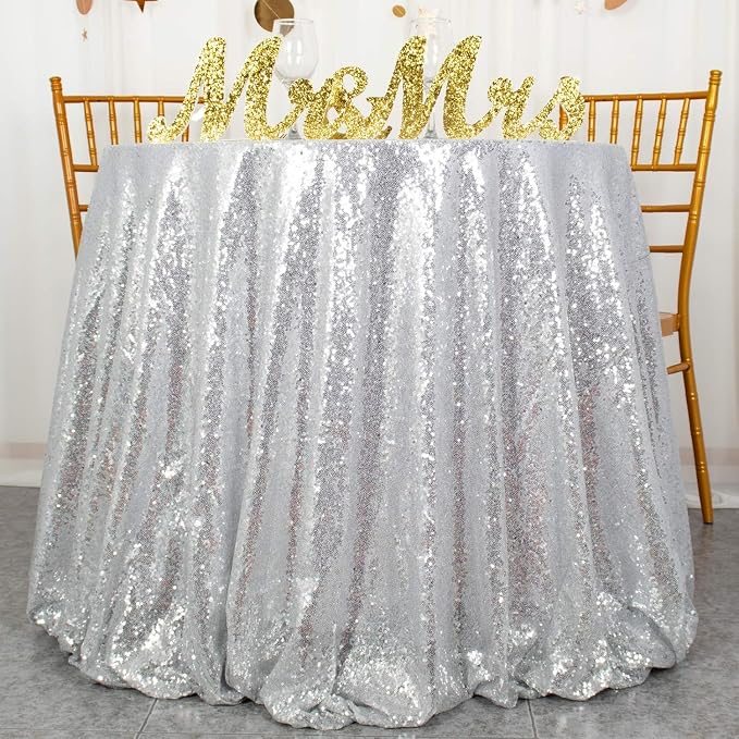 132 Inch Round Silver Sequin Tablecloth, Metallic Large Glitter Sparkle Table Cloth for Dining Banquet Table, Sequin Table Linen for Wedding Bridal Shower Party Decorations