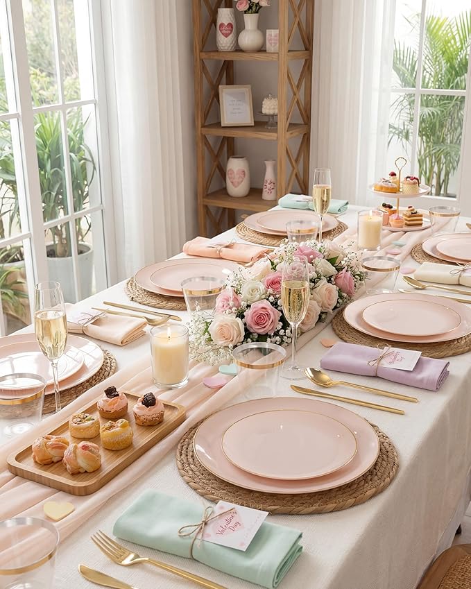 bUCLA 150PCS Pink Plastic Plates - Pink and Gold Disposable Include 25 Each (Dinner & Dessert) Plates, 25 Knives, 25 Forks, 25 Spoons and 25 Cups, Ideal for Party, Wedding & Mother's Day
