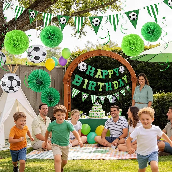OBBOLO Soccer Birthday Party Decorations, Pre-Strung Soccer Birthday Banners, Including 2 Soccer Ball Paper Lanterns, Green Paper Fans and Pompoms for Boys Birthdays, Sports Party Decorations
