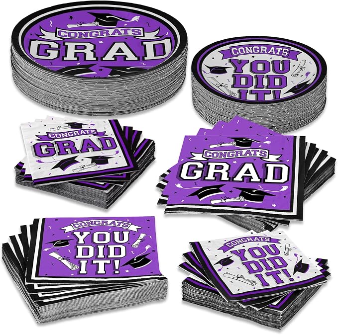 Graduation Party Supplies Dinnerware Set purple Disposable dinner paper plates dessert paper plates and Napkins for Congrats Grad Party Decorations, Serve 50