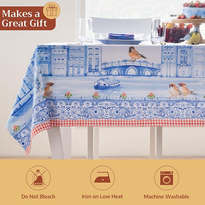 Maison d' Hermine Table Cloth Square Table 100% Cotton 60 x 60 Inches Tablecloth Reusable Decorative for Dining Kitchen Room Farmhouse Party Home Hotel Restaurant Spring Summer - Amsterdam Canals