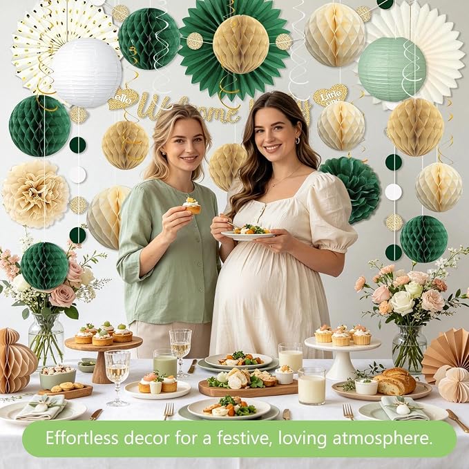 Sage Green Baby Shower Decorations Boy, Pre-Strung Welcome Baby Sign with Honeycomb Balls, Paper Flowers, Lanterns, Fans, Hanging Swirls, Circle Dots Garland for Boy Baby Shower Decorations 24pcs