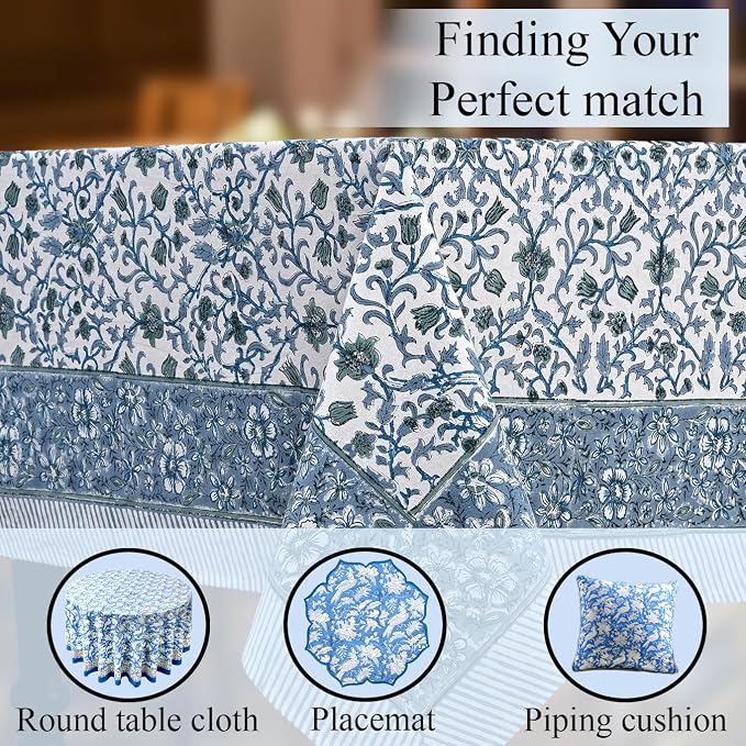 CPC Ocean Vine Tablecloth 100% Cotton 70x108 Inch Indian Block Print Rectangle Table Cover, Table Cloth for Gifting in Weddings, Halloween, Fall, Christmas, Thanksgiving
