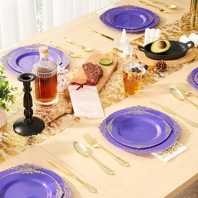 Fijinhom 350pcs Purple Plastic Plates, Elegant Disposable Dinnerware Set, 125 Pieces, White and Gold, Plates, Cups, Cutlery and Napkins (Purple, 50 Guests)