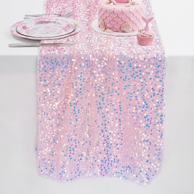 FEXIA Pink Sequin Table Runner 12x72 Inches, Sparkly Blush Table Runner for Wedding Party Shimmer Fabric Table Decoration for Bridal Shower Birthday Baby Shower Ocean Themed Party for Dining Room