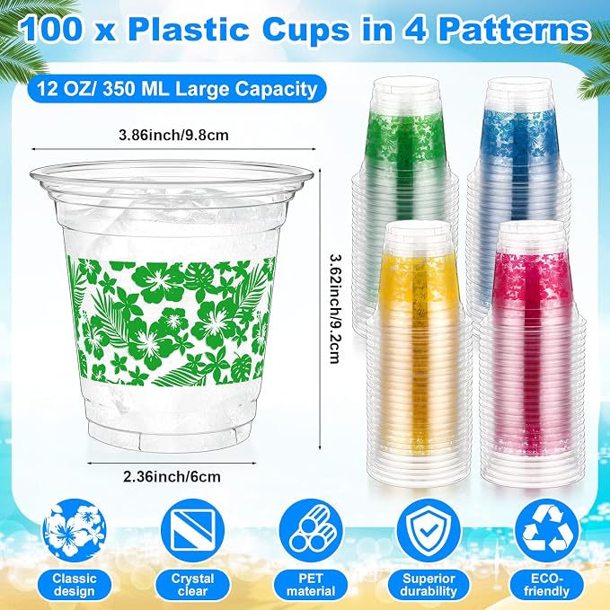 Geyoga 100 Pcs Hawaii Luau Party Cups 12 oz Disposable Plastic Tropical Flower Cups Bulk Hibiscus Clear Beverage Drinkware for Aloha Summer Beach Pool Birthday Holiday Supplies