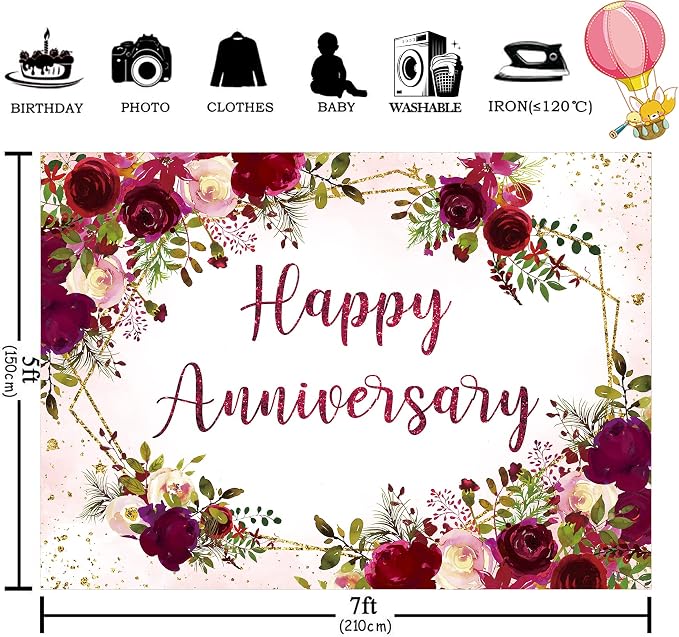 Happy Anniversary Backdrop 7Wx5H Feet Polyester Fabric Elegant Burgundy Flower Rose Plant Botanical Decoration Green Leaves Gold Glitter Photography Background Photo Shoot Props