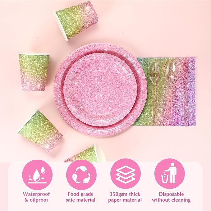 Hushee 350 Pcs 50 Guests Pastel Rainbow Paper Party Plates and Cups Napkins Sets Holographic Glitter Disposable Dinnerware Plastic Forks Knives Spoons Birthday Bachelorette Wedding Party Supplies