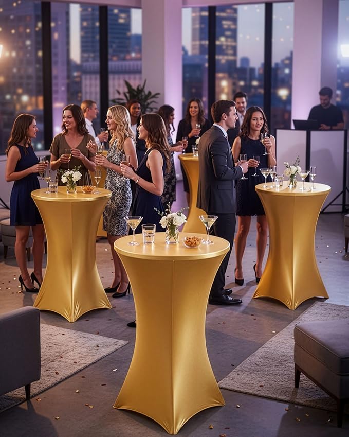 Cocktail High Top Table Covers - 32x43 Inch Fitted Spandex Round Cocktail Tablecloth for Bar Height Standing Table Cloths Reusable, for Party Wedding Banquet Event Decorations, Shiny Gold, 8 Pack