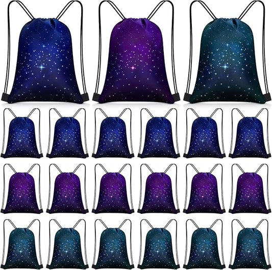 Censen 24 Pcs Starry Sky Drawstring Bags Set Bulk 12 x 10 Inch Waterproof Beach Bags for Girls Boys Kids Starry Galaxy Theme Party Birthday Party Favor Bags Supplies
