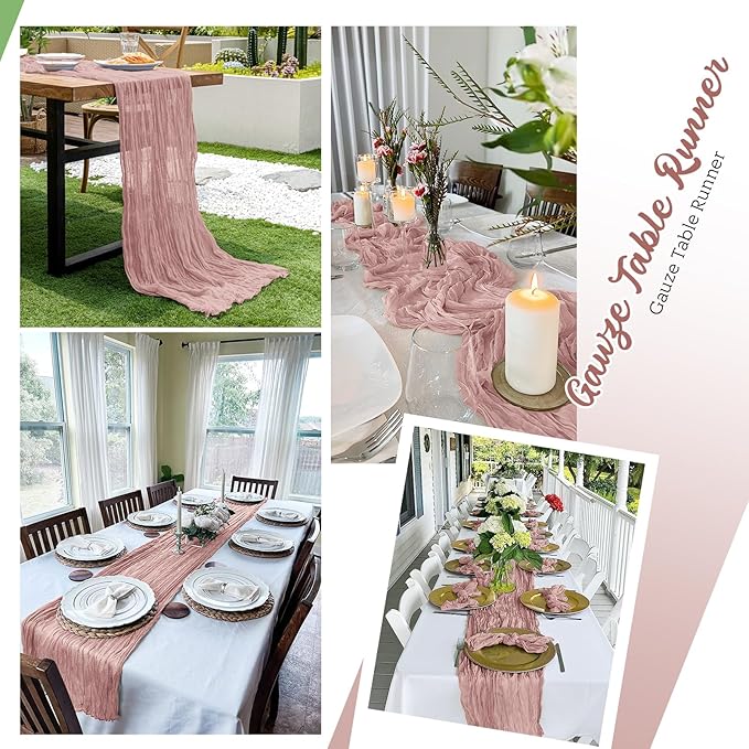 8 Pack Dusty Pink Cheesecloth Table Runners 20x120 Inch Gauze Table Runner Cheese Cloth 10FT Pink Table Runner Rustic Sheer Runner for Wedding Birthday Party Baby Shower Table Decor