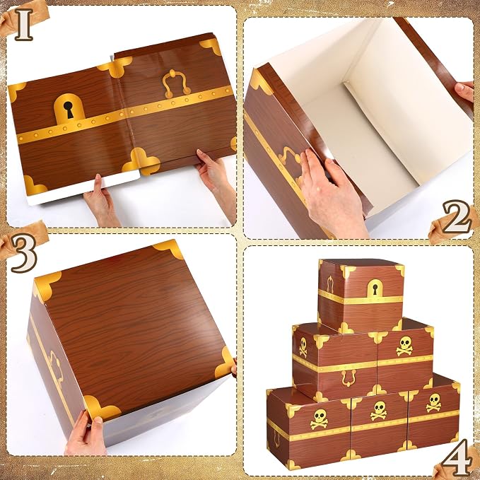 17 Pcs Pirate Party Decorations Set Cardboard Pirate Treasure Chest Box Stickers with Fish Net for Western Cowboy Birthday Party Trunk or Treat Supplies