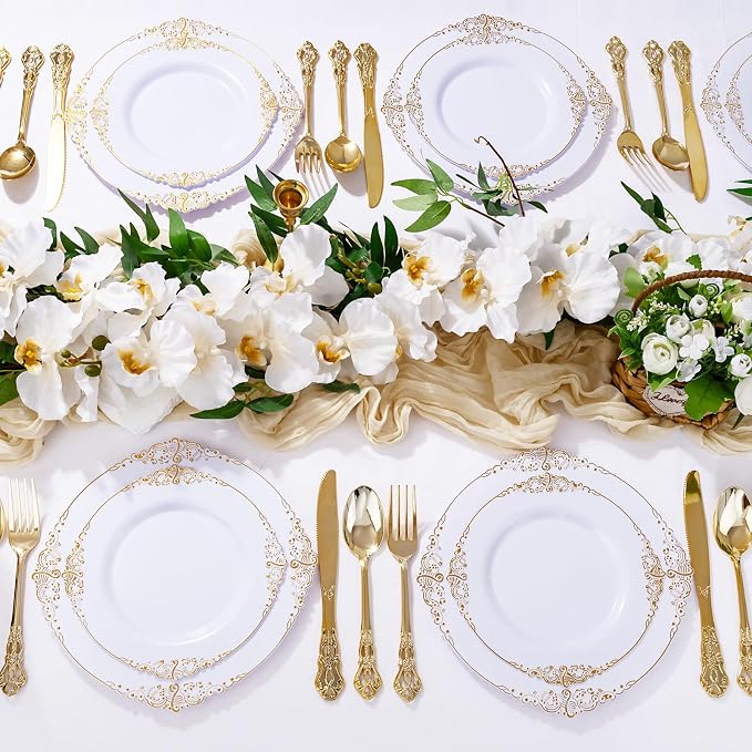 300Pieces Gold Plastic Silverware - Heavy Duty Gold Disposable Utensils - Vintage Plastic Cutlery Set Includes 100 Forks, 100 Spoons, 100 Knives for Dinner Parties Weddings (Pack of 2)